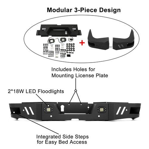 Rear Bumper Steel with LED Lights Bolt Kits for Ram 2500 3500 2010-2018 2019-2024