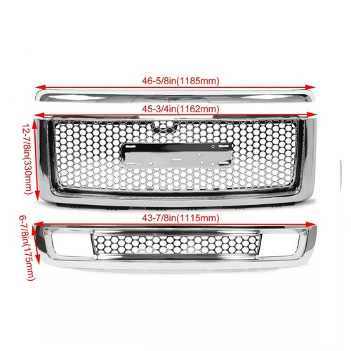 Upper Lower Grille Hood Molding Chrome for 2007-13 GMC Sierra 1500 Denali Pickup