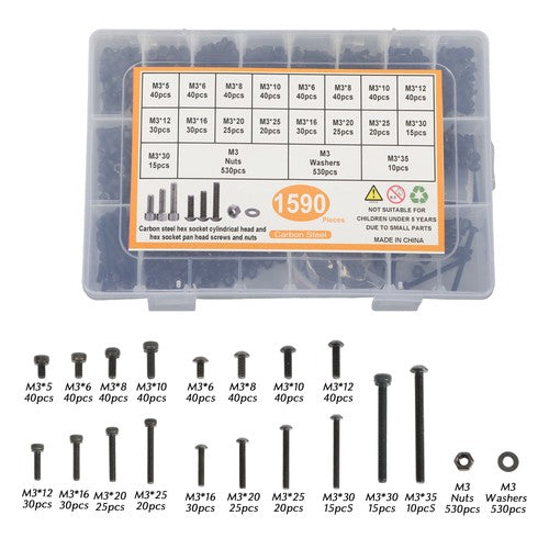 DURAFORCE 1590 pcs M3 Screw Kit with Hex Button and Socket Head Bolts, Nuts, and Washers