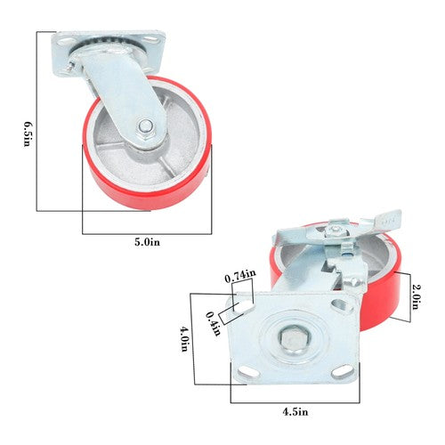 DURAFORCE 5"X 2" Heavy Duty Casters -Polyurethane Caster with Capacity up to 3200 LBS