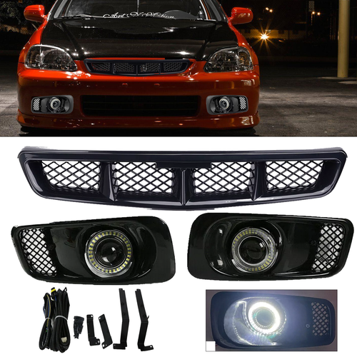DURAFORCE Clear Lens LED Fog Light Lamps DRL Black Grille 3PCS for 1999-2000 Honda Civic