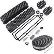 DURAFORCE Finned Tall Valve Covers & 12 Oval Full Air Cleaner & Breather Kit for SBC Black