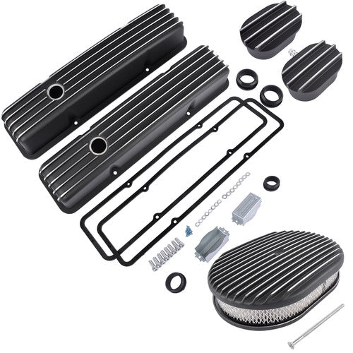 DURAFORCE Finned Tall Valve Covers & 12 Oval Full Air Cleaner & Breather Kit for SBC Black