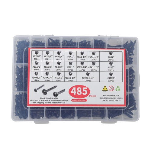 DURAFORCE 485 Pack Black wood screws kits with 20 different sizes #6, #8, #10 For Wood