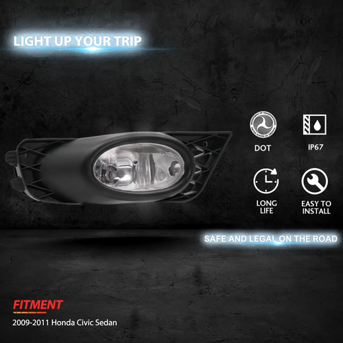 DURAFORCE Bumper Fog Lights Driving Lamps w/Switch for 2009-2011 Honda Civic 4-Door Sedan