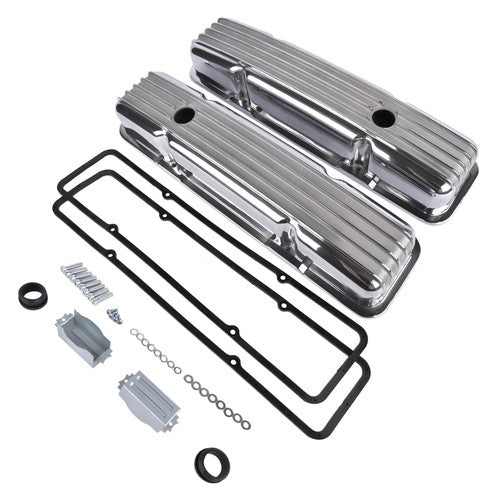 DURAFORCE Retro Finned Polished Aluminum Short Valve Covers Fits 1958-86 SBC Chevy 350 400