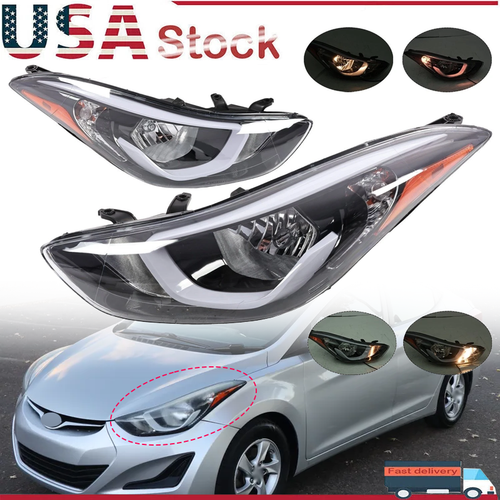 DURAFORCE Headlights Assembly Left Right Pair w/ Bulbs for Hyundai Elantra 2014 2015 2016