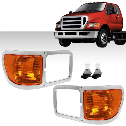 DURAFORCE Fit For 00-15 Ford F650 F750 Pair Headlight Bezel Trim Driver Passenger With Bulbs