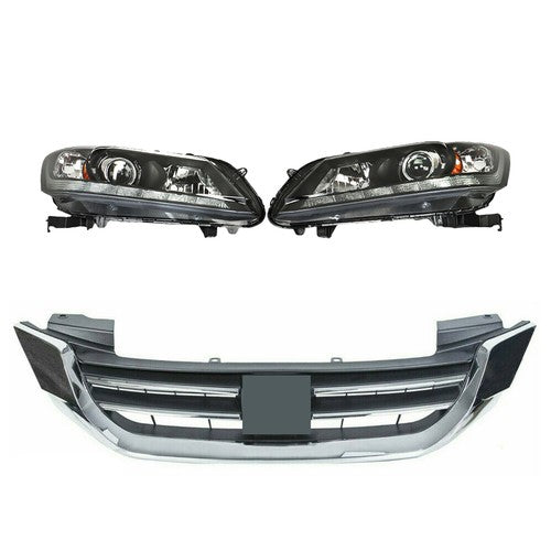 DURAFORCE Headlights W/LED DRL Halogen& Bumper Grille For 13-15 Honda Accord Chrome Pair