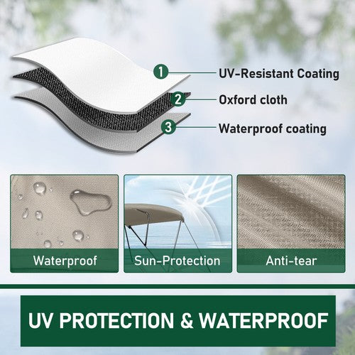 DURAFORCE 3 Bow 67''-72'' Bimini Boat Top Roof Cover Canopy Sun Shade With Boot Canvas Tan