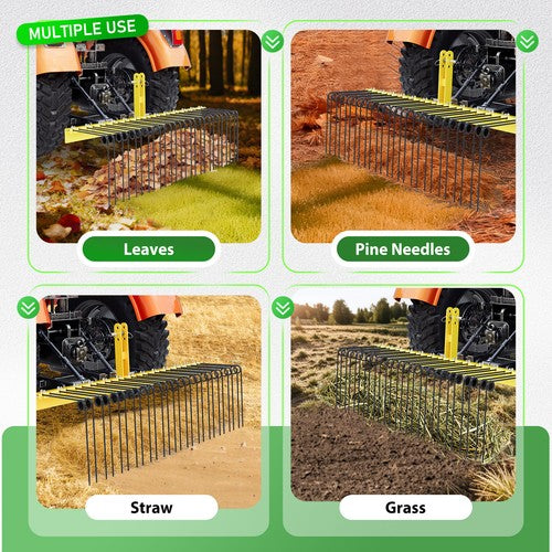DURAFORCE 60" 3 Point Pine Straw Landscaping Rake For Cat 0 Cat 1 Tractor Rake Attachments
