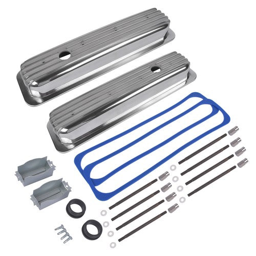 DURAFORCE Finned Polished Aluminum Center Bolt Short Valve Covers For SBC 350 5.7 5.0 V8