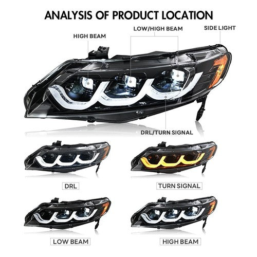 Full LED Headlights For Honda Civic 2006-2011 Sequential Headlamp Assembly Pair