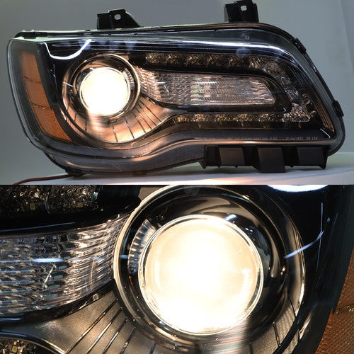 DURAFORCE Pair Headlights Headlamps Halogen Black Clear Lens For Chrysler 300 2011-2014