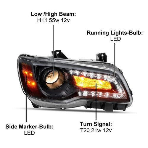 For 2011 2023 Chrysler 300 Black LED DRL Projector Headlights with Bulbs Left Right