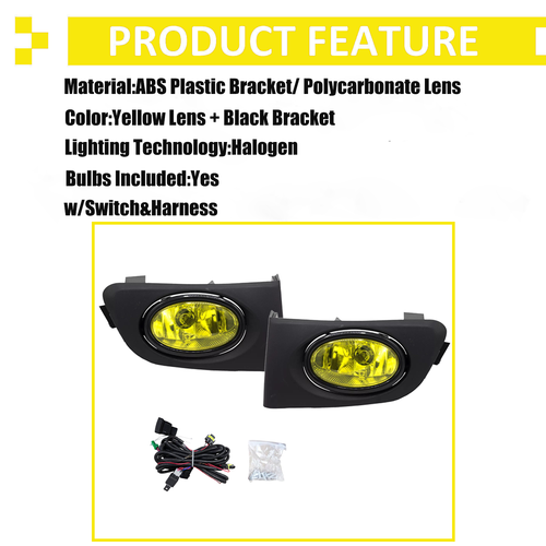 DURAFORCE Fit 2001-2003 Honda Civic Sedan Front Mesh Grille Grill & Yellow Lens Fog Lights