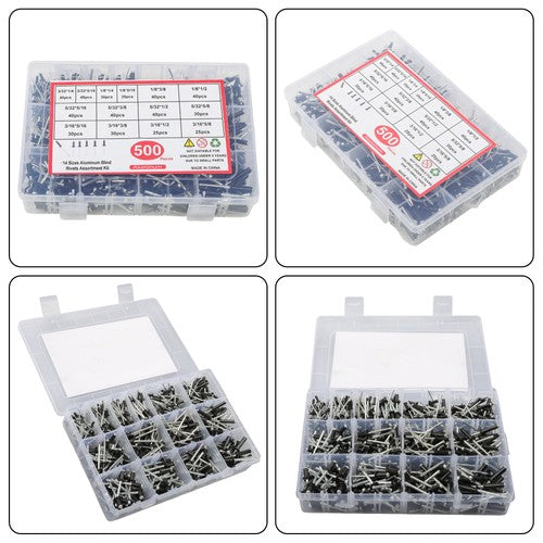 DURAFORCE For DIY USE 500 Pcs pop rivets assortment kits 3/32" 1/8" 5/32" 3/16"