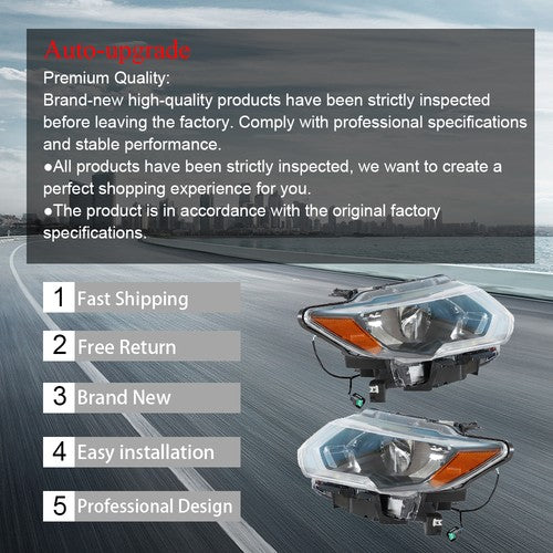 DURAFORCE Headlamps Assembly LH+RH For 2017-2019 Nissan Rogue Clear Lens Halogen Chrome