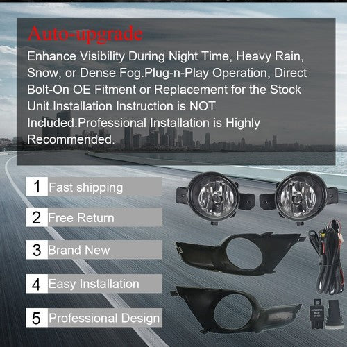 DURAFORCE For Nissan Altima 2013-2015 Sedan Clear Fog Lights Full Kit Switch+Harness