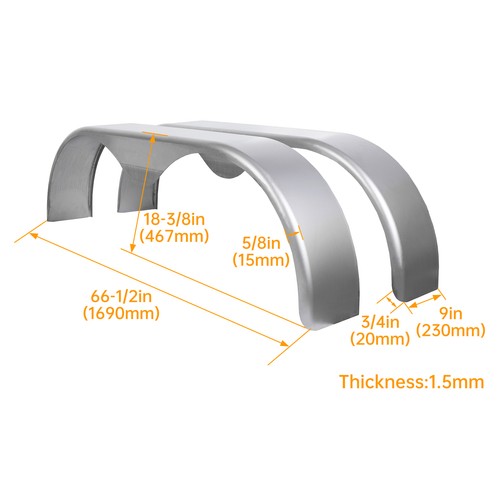 Tandem Teardrop Alloy Steel Fenders 66L x 18H x 9W for Enclosed Trailers