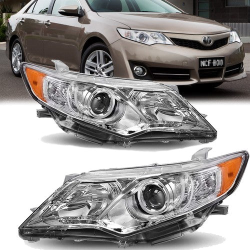DURAFORCE Right+Left Headlights For 2012-2014 Toyota Camry Halogen Type Chrome Projector