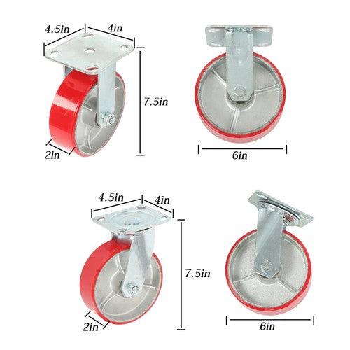 DURAFORCE 4 Pack Swivel Caster Wheels 6" × 2" Polyurethane 4800Lbs (2 Swivel & 2 Rigid)