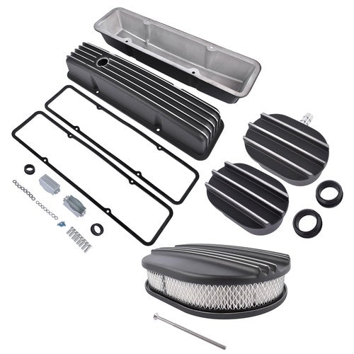 DURAFORCE Polished Aluminum Finned Tall Valve Cover & 12" Air Cleaner for SBC 58-86 Black
