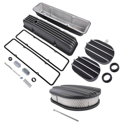 DURAFORCE Polished Aluminum Finned Tall Valve Cover & 12" Air Cleaner for SBC 58-86 Black