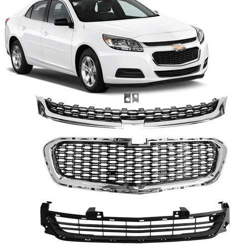 DURAFORCE Front Upper Center Lower Grille Chrome Set for Chevrolet Malibu 2014-2016