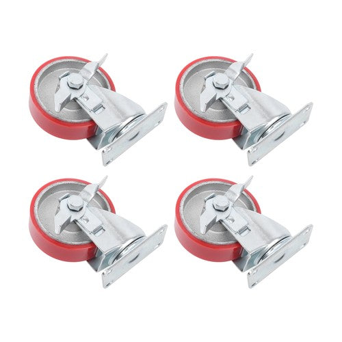 DURAFORCE Four 4-inch red polyurethane galvanized casters with side brakes