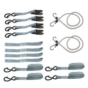 DURAFORCE 4 Pack Ratchet Strap Polyester Gray 2200lbs 1in*15ft S Hook 36' Stretch Cord*2