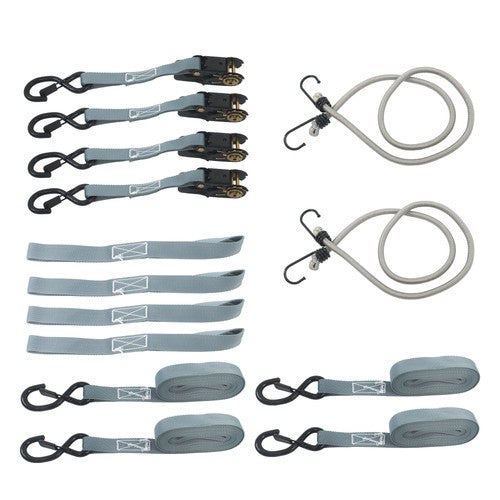 DURAFORCE 4 Pack Ratchet Strap Polyester Gray 2200lbs 1in*15ft S Hook 36' Stretch Cord*2