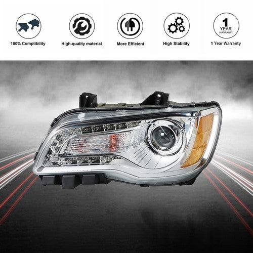 DURAFORCE Fit For Chrysler 300 2011-2014 LH/Left Headlight Replacement Chrome Housing