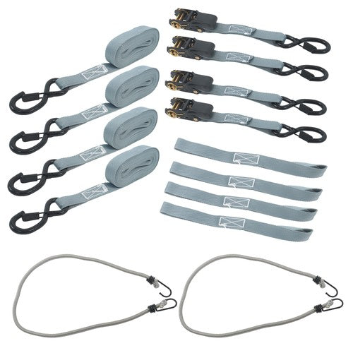 DURAFORCE 4 Pack Ratchet Strap Polyester Gray 2200lbs 1in*15ft S Hook 36' Stretch Cord*2