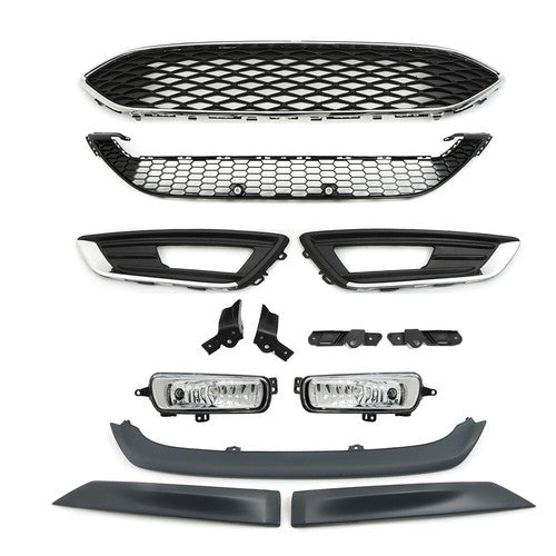 DURAFORCE Front Bumper Upper+Lower Grill&Fog Light Set&Trim Set For Ford Focus 2015-2018