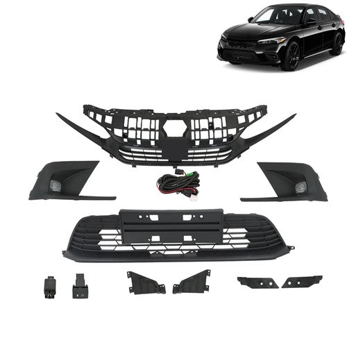 DURAFORCE Upper Lower Grill W/Molding Fog Lights Set Fit For Honda Civic 20222-2023 Front