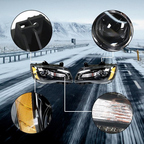 DURAFORCE Headlight Black Pair Projector For Chrysler 300 11-14 Passenger + Driver Side