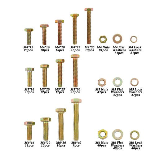 DURAFORCE Alloy Steel Bolts and Nuts Flat & Lock Washers Assortment Kit M4 M5 M6 672PCS