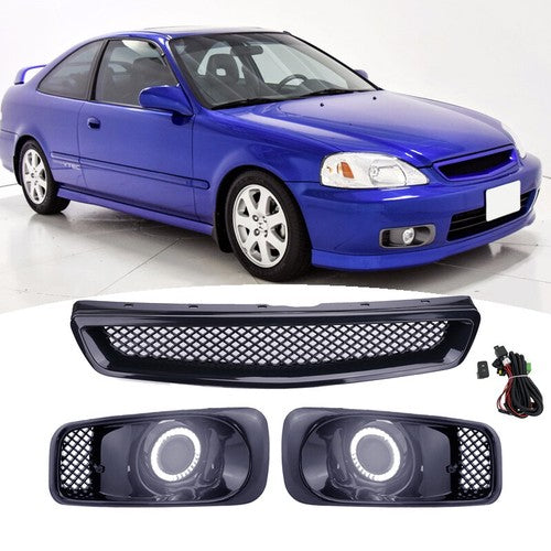 DURAFORCE JDM Type R Black Grille & LED Fog Lights 3PCS for 1999-2000 Honda Civic