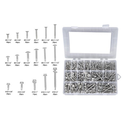 DURAFORCE 425 Pcs 410 Stainless Steel Self-Tapping Screws, #8 #10 Self-Drilling Set
