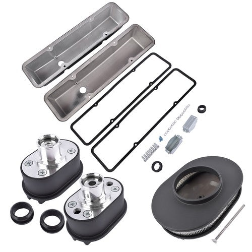 DURAFORCE Finned Tall Valve Covers & 12 Oval Half Air Cleaner & Breather Kit for SBC Black