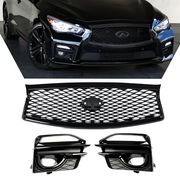 DURAFORCE Fit 2014-2017 Infiniti Q50 Sport Front Bumper Black Grille & Fog Light Cover