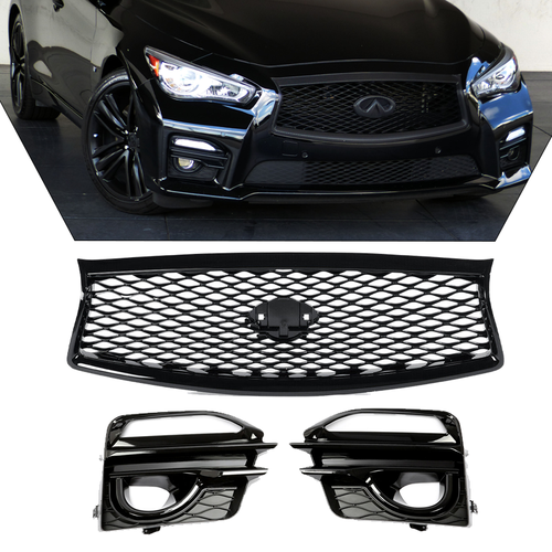 DURAFORCE Fit 2014-2017 Infiniti Q50 Sport Front Bumper Black Grille & Fog Light Cover