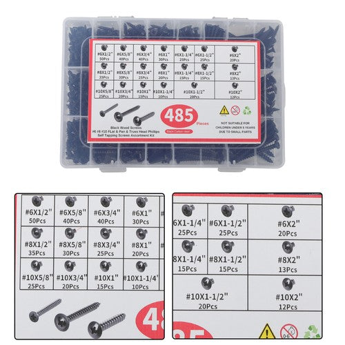 DURAFORCE 485 Pack Black wood screws kits with 20 different sizes #6, #8, #10 For Wood
