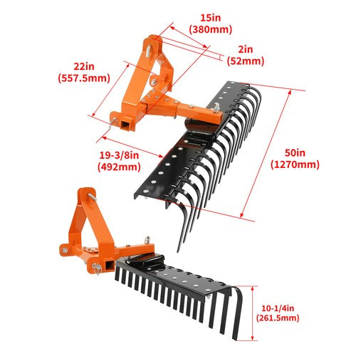 DURAFORCE 3-Point Landscape Rock Rake 50" For Cat 0 Tractor Attachment Soil Gravel Lawn