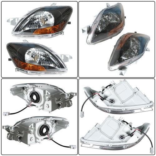 DURAFORCE Left & Right Pair Headlights Headlamps Black Housing For Toyota Yaris 2007-2012