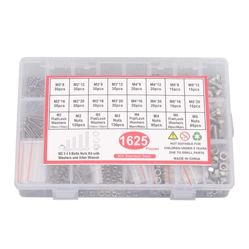 DURAFORCE 1625× M2 M3 M4 M5 Metric Screw Assortment, 304 Stainless Steel Bolts & Nuts