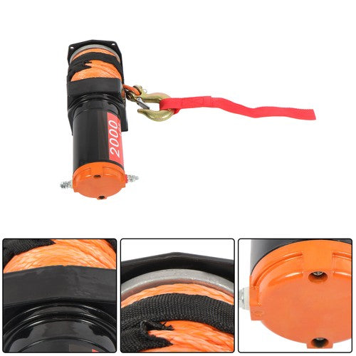 DURAFORCE Electric Winch Black+Orange 2000lbs 12VDC/1.1HP Motor 0.18in*50ft Synthetic Rope
