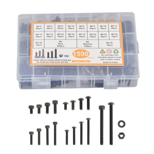 DURAFORCE 1590-Piece M3 Screw Kit with Hex Button & Socket Head Bolts, Nuts, and Washers