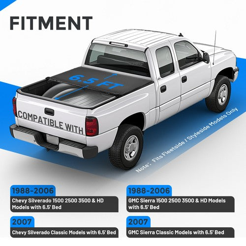Tonneau Cover 6.5FT Bed Roll Up for GMC Sierra Chevy Silverado 1500 1988-2007